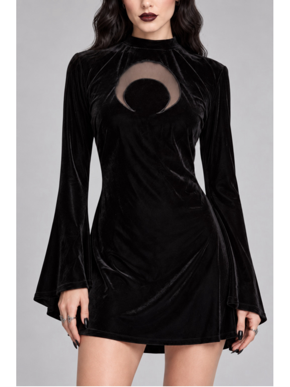 KILLSTAR Reap Black Velvet Crescent Moon Cutout Bell Sleeve Mini Dress M NWOT